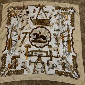 Hermes Silk Scarf in Cream, Brown, Gold